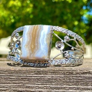 😵 Blue lace agate cuff bracelet 925 Sterling Silver Plate crazy bangle baby